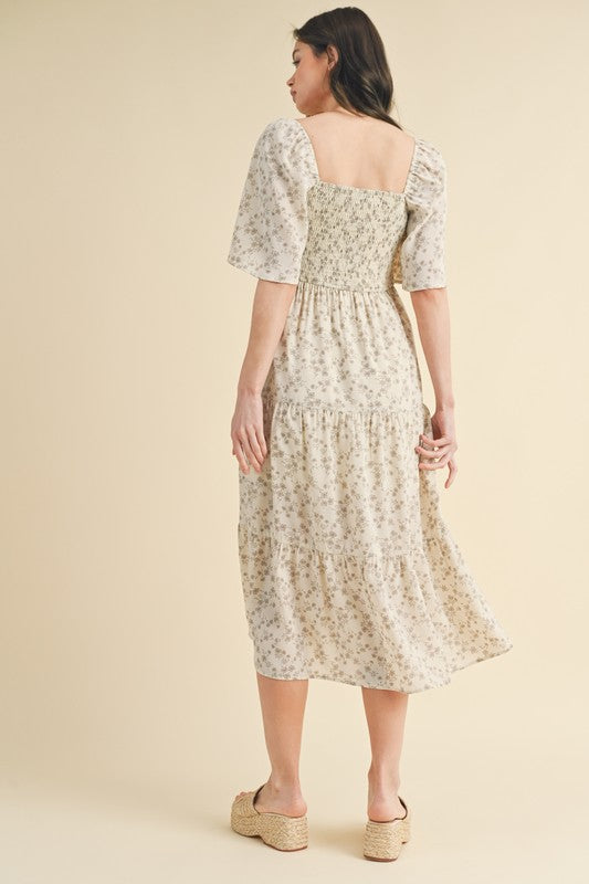 Floral Tiered Midi Dress - Cream & Stone-Dress- Hometown Style HTS, women's in store and online boutique located in Ingersoll, Ontario