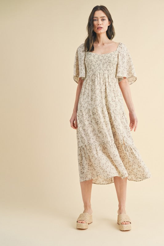 Floral Tiered Midi Dress - Cream & Stone-Dress- Hometown Style HTS, women's in store and online boutique located in Ingersoll, Ontario