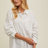 Striped Boyfriend Button Up Shirt - Ivory-blouse- Hometown Style HTS, women's in store and online boutique located in Ingersoll, Ontario