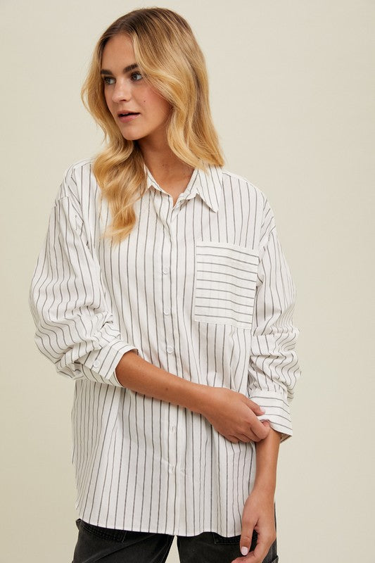 Striped Boyfriend Button Up Shirt - Ivory-blouse- Hometown Style HTS, women's in store and online boutique located in Ingersoll, Ontario