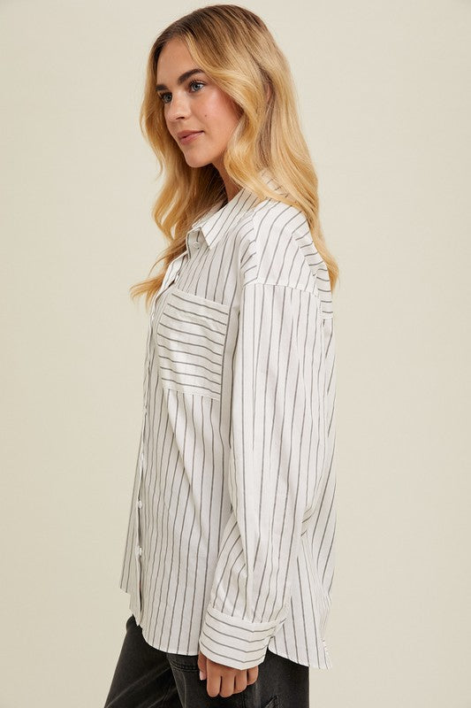 Striped Boyfriend Button Up Shirt - Ivory-blouse- Hometown Style HTS, women's in store and online boutique located in Ingersoll, Ontario