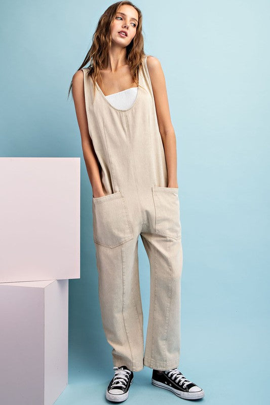 Mineral Washed Scoop Neck Jumpsuit - Taupe-Jumpsuits & Rompers- Hometown Style HTS, women's in store and online boutique located in Ingersoll, Ontario