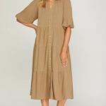 Button Down Tiered Midi Dress - Taupe-Dress- Hometown Style HTS, women's in store and online boutique located in Ingersoll, Ontario