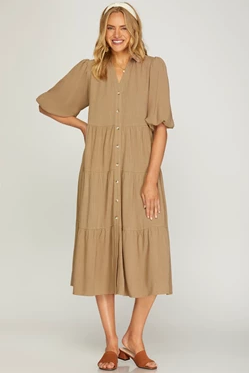 Button Down Tiered Midi Dress - Taupe-Dress- Hometown Style HTS, women's in store and online boutique located in Ingersoll, Ontario