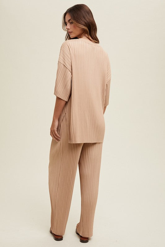 Pleated Tee & Pants - Taupe-set- Hometown Style HTS, women's in store and online boutique located in Ingersoll, Ontario