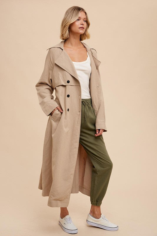 Classic Double Breasted Trench Coat - Almond-Coats & Jackets- Hometown Style HTS, women's in store and online boutique located in Ingersoll, Ontario