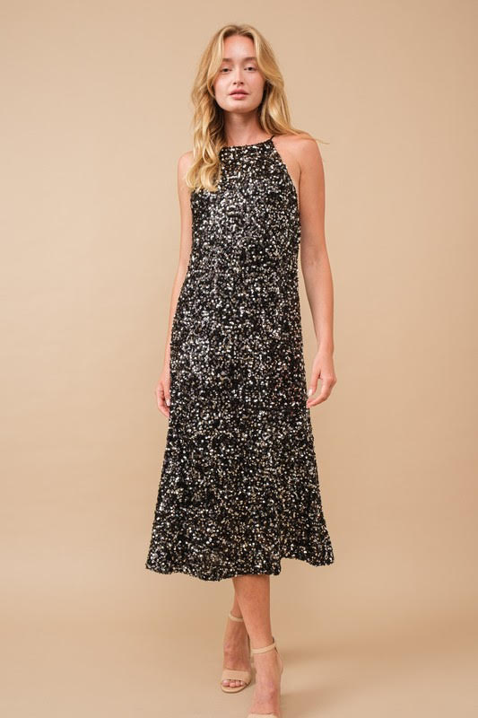 Sequin Halter Dress - Black-dress- Hometown Style HTS, women's in store and online boutique located in Ingersoll, Ontario