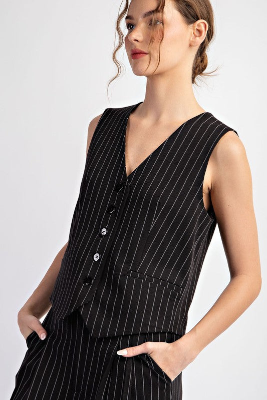 Pinstripe Vest - Black-vest- Hometown Style HTS, women's in store and online boutique located in Ingersoll, Ontario