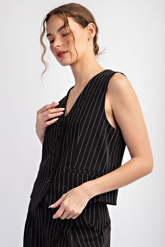 Pinstripe Vest - Black-vest- Hometown Style HTS, women's in store and online boutique located in Ingersoll, Ontario