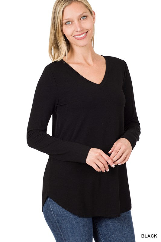 V Neck Long Sleeve - Black-Shirts & Tops- Hometown Style HTS, women's in store and online boutique located in Ingersoll, Ontario