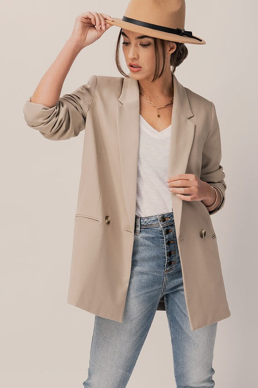 Taupe Long Line Blazer- Hometown Style HTS, women's in store and online boutique located in Ingersoll, Ontario