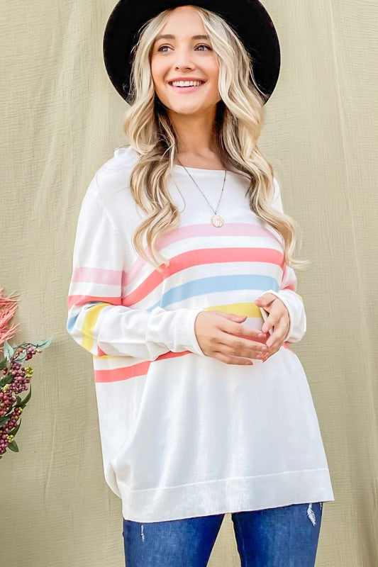 Rainbow Stripe Lightweight Sweater-Sweater- Hometown Style HTS, women's in store and online boutique located in Ingersoll, Ontario