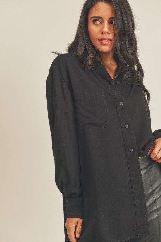 Collared Button Down Tunic Shirt - Black-Shirts & Tops- Hometown Style HTS, women's in store and online boutique located in Ingersoll, Ontario