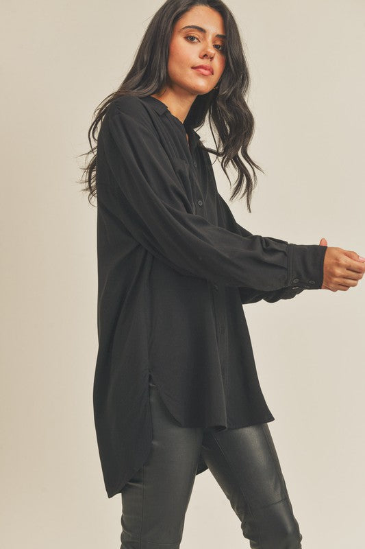 Collared Button Down Tunic Shirt - Black-Shirts & Tops- Hometown Style HTS, women's in store and online boutique located in Ingersoll, Ontario