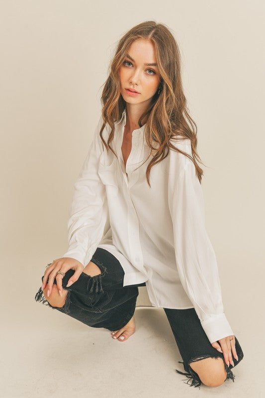 Collared Button Down Tunic Shirt - White-Shirts & Tops- Hometown Style HTS, women's in store and online boutique located in Ingersoll, Ontario