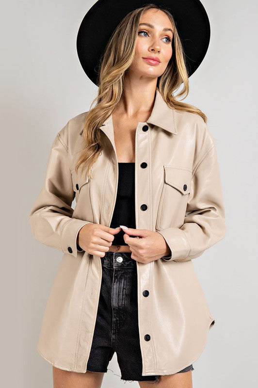 Faux Leather Shirt Jacket - Cream- Hometown Style HTS, women's in store and online boutique located in Ingersoll, Ontario