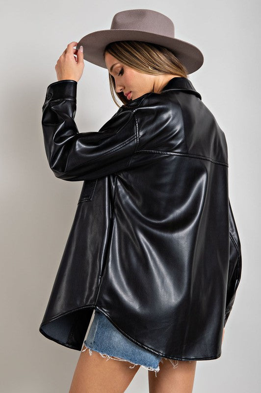 Faux Leather Shirt Jacket - Black- Hometown Style HTS, women's in store and online boutique located in Ingersoll, Ontario