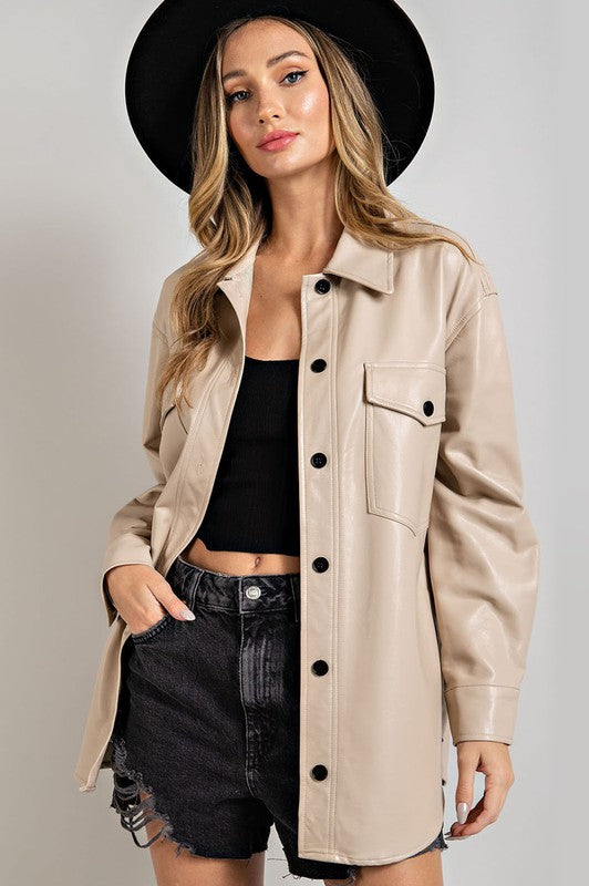 Faux Leather Shirt Jacket - Cream- Hometown Style HTS, women's in store and online boutique located in Ingersoll, Ontario