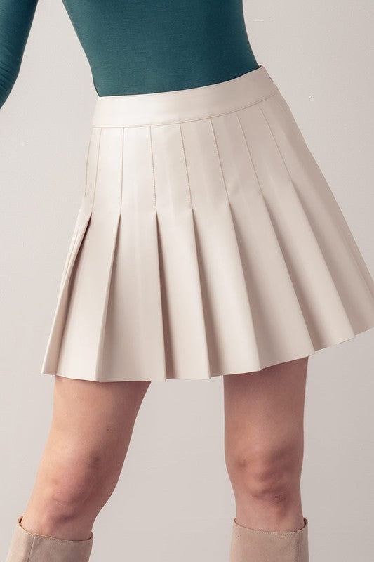 High Rise, Leather Pleated Skirt - Cream-Mini Skirts- Hometown Style HTS, women's in store and online boutique located in Ingersoll, Ontario