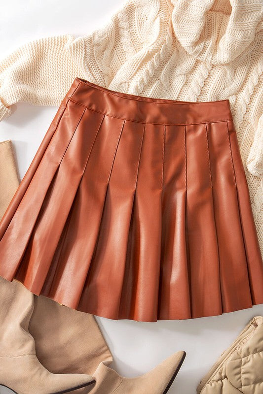 High Rise, Leather Pleated Skirt - Brown-Mini Skirts- Hometown Style HTS, women's in store and online boutique located in Ingersoll, Ontario