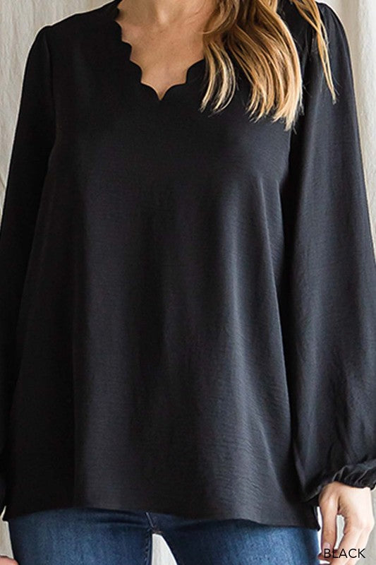 Scalloped V Neck Blouse - Black-blouse- Hometown Style HTS, women's in store and online boutique located in Ingersoll, Ontario