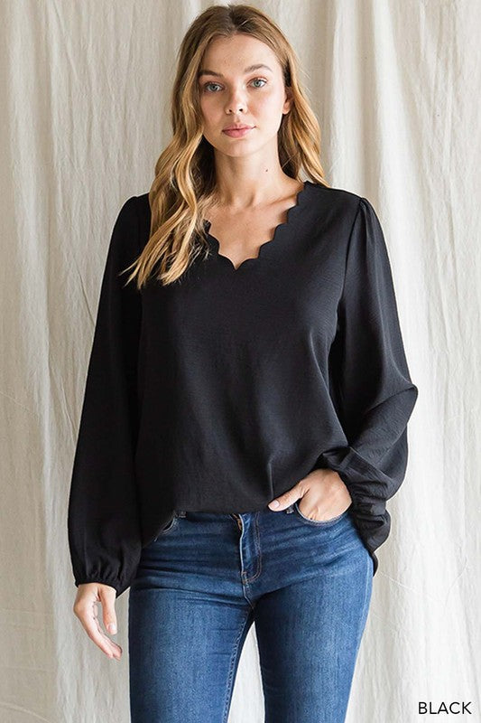 Scalloped V Neck Blouse - Black-blouse- Hometown Style HTS, women's in store and online boutique located in Ingersoll, Ontario