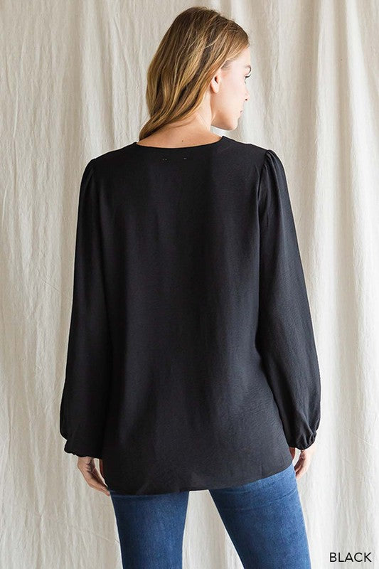 Scalloped V Neck Blouse - Black-blouse- Hometown Style HTS, women's in store and online boutique located in Ingersoll, Ontario