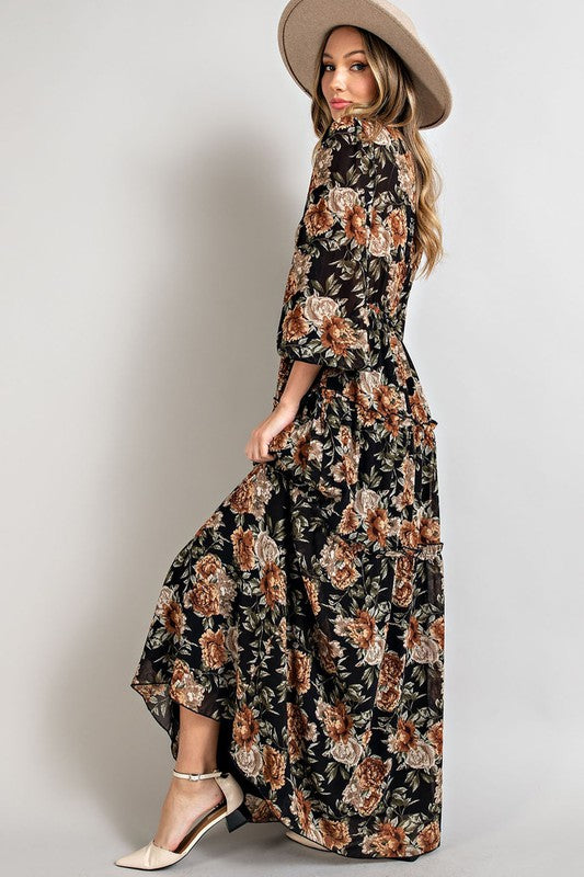 Woven v Neck floral Maxi - Black-Dress- Hometown Style HTS, women's in store and online boutique located in Ingersoll, Ontario