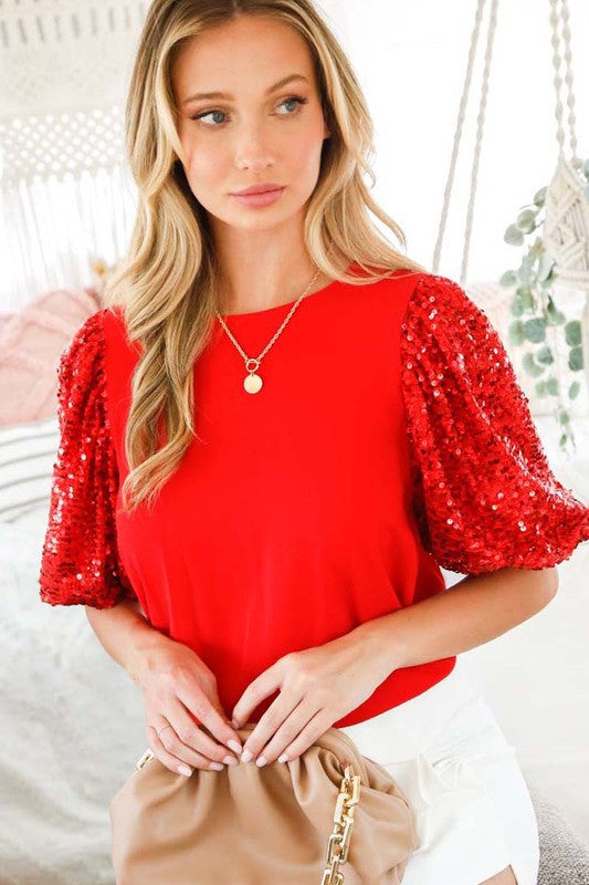 Round Neck, Sequin Sleeve Blouse - Red-blouse- Hometown Style HTS, women's in store and online boutique located in Ingersoll, Ontario