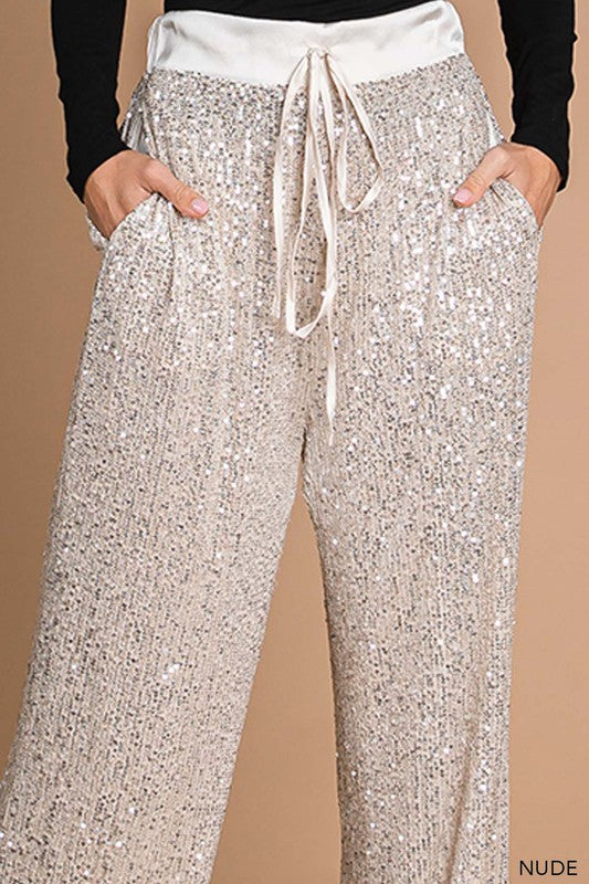 Sequin Wide Leg Pants - Nude-Pants- Hometown Style HTS, women's in store and online boutique located in Ingersoll, Ontario