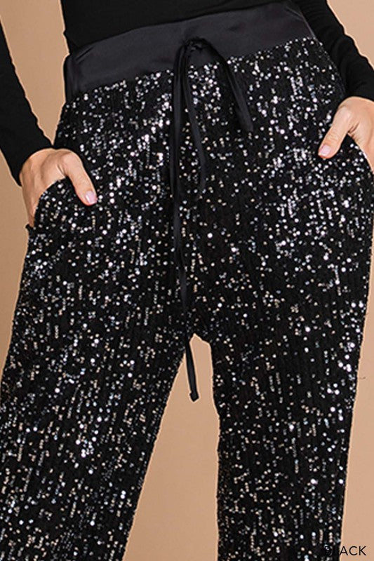 Sequin Wide Leg Pants - Black-Pants- Hometown Style HTS, women's in store and online boutique located in Ingersoll, Ontario