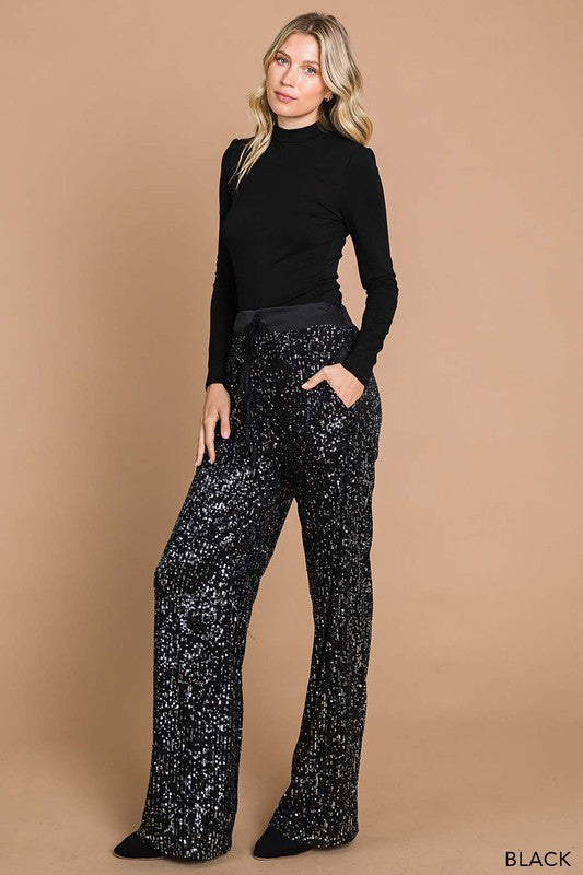 Sequin Wide Leg Pants - Black-Pants- Hometown Style HTS, women's in store and online boutique located in Ingersoll, Ontario