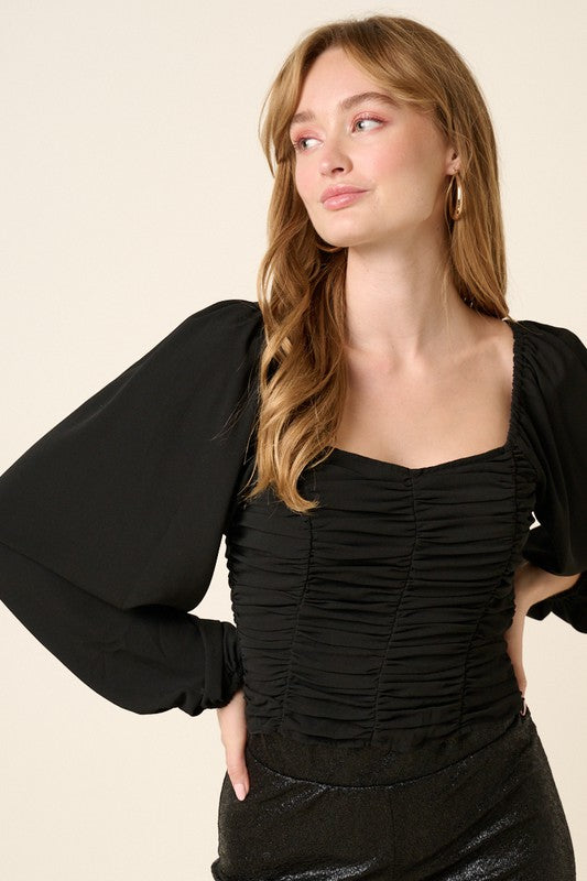 Ruching Detail Blouse - Black-Tops- Hometown Style HTS, women's in store and online boutique located in Ingersoll, Ontario