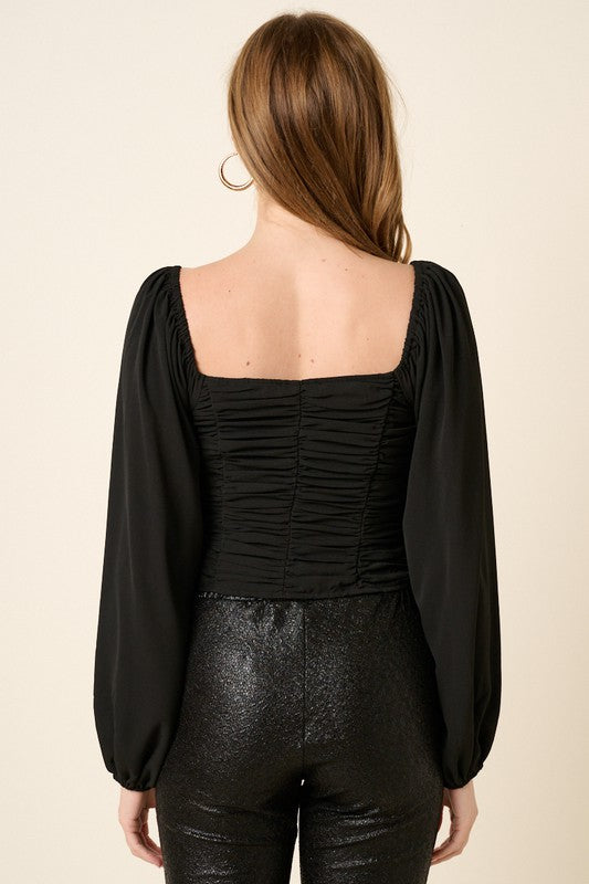 Ruching Detail Blouse - Black-Tops- Hometown Style HTS, women's in store and online boutique located in Ingersoll, Ontario