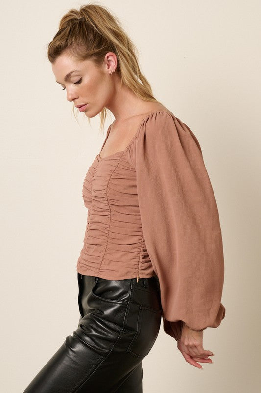 Ruching Detail Blouse - Mocha-Tops- Hometown Style HTS, women's in store and online boutique located in Ingersoll, Ontario