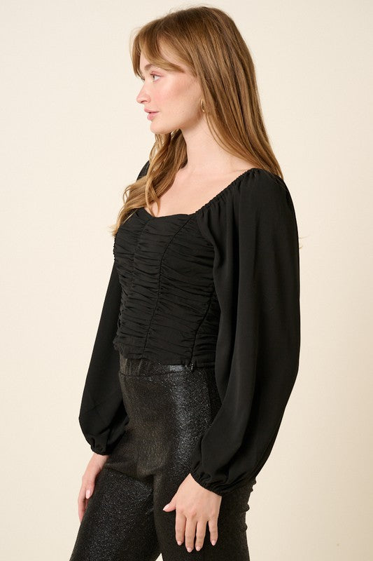 Ruching Detail Blouse - Black-Tops- Hometown Style HTS, women's in store and online boutique located in Ingersoll, Ontario