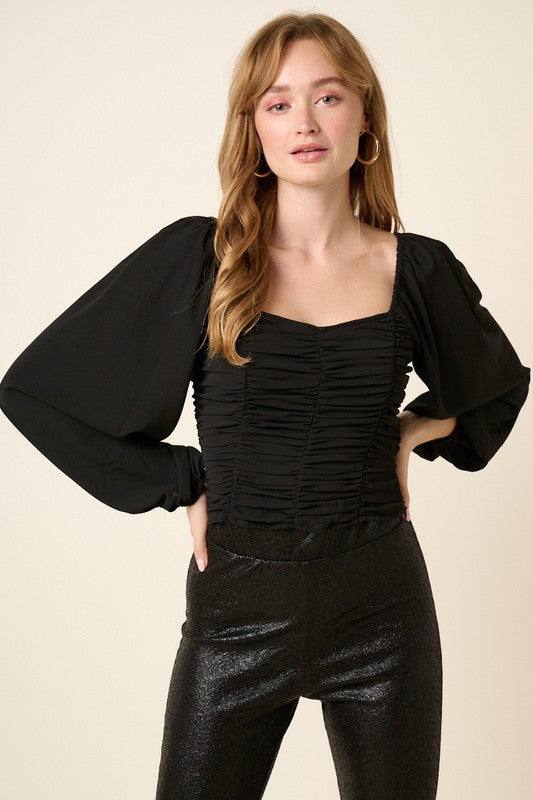 Ruching Detail Blouse - Black-Tops- Hometown Style HTS, women's in store and online boutique located in Ingersoll, Ontario