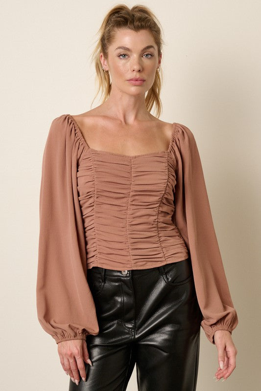 Ruching Detail Blouse - Mocha-Tops- Hometown Style HTS, women's in store and online boutique located in Ingersoll, Ontario