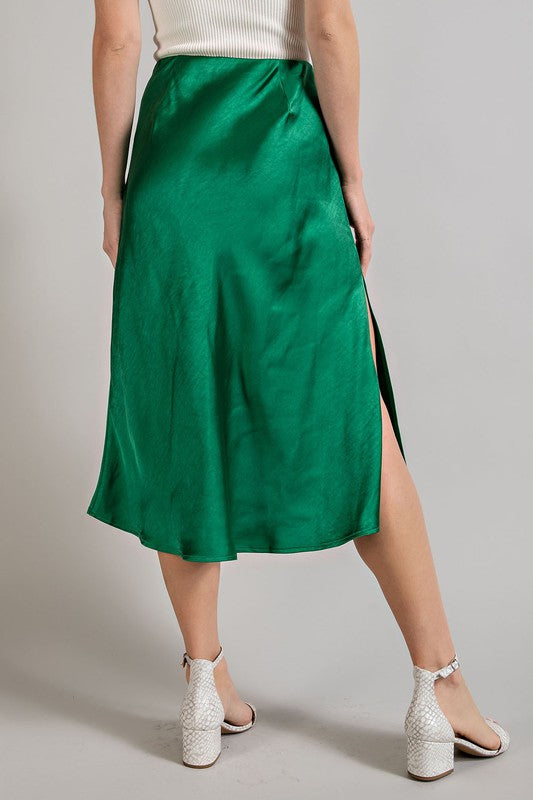 Satin Midi Skirt with Side Slit- Green-Skirt- Hometown Style HTS, women's in store and online boutique located in Ingersoll, Ontario