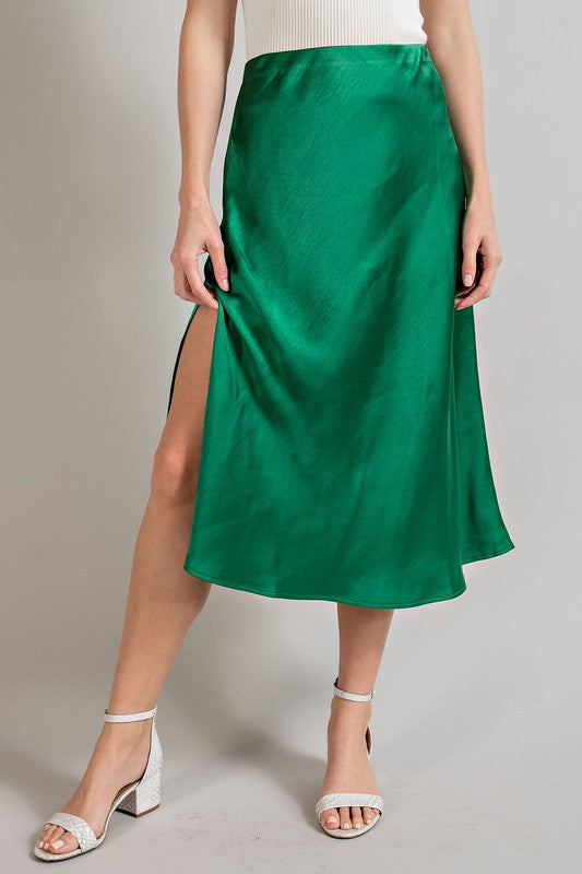 Satin Midi Skirt with Side Slit- Green-Skirt- Hometown Style HTS, women's in store and online boutique located in Ingersoll, Ontario