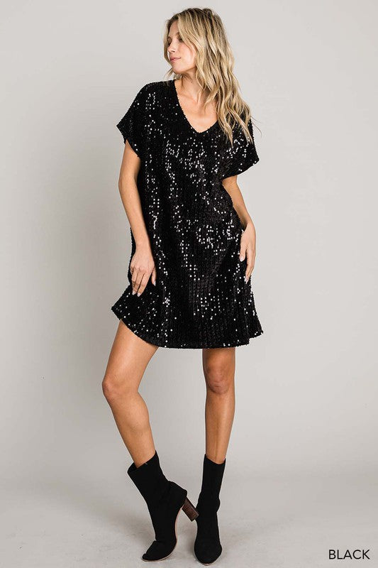 Sequin V Neck Short Sleeve Mini Dress - Black-Dress- Hometown Style HTS, women's in store and online boutique located in Ingersoll, Ontario