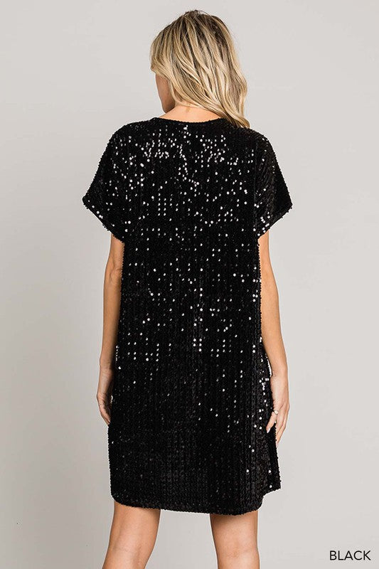Sequin V Neck Short Sleeve Mini Dress - Black-Dress- Hometown Style HTS, women's in store and online boutique located in Ingersoll, Ontario
