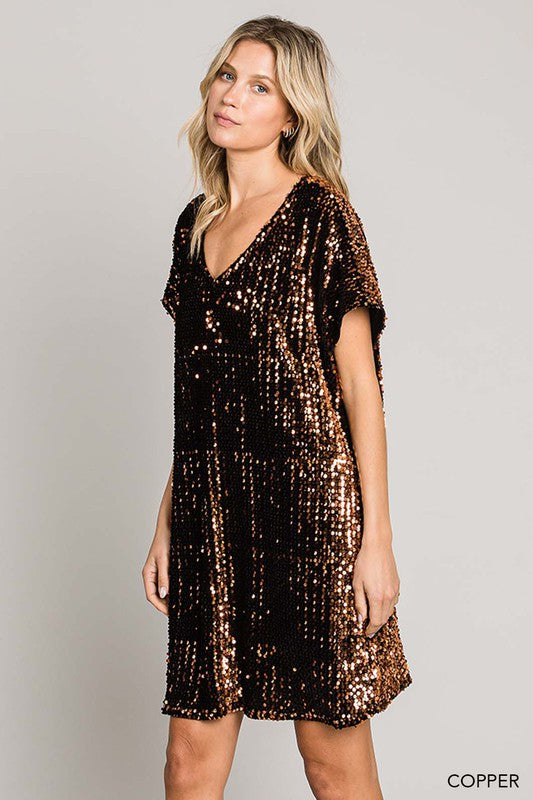 Sequin V Neck Short Sleeve Mini Dress - Copper- Hometown Style HTS, women's in store and online boutique located in Ingersoll, Ontario