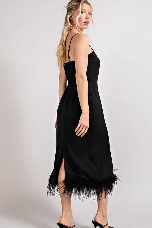 Feather Detailed Slit Midi Dress - Black-Dress- Hometown Style HTS, women's in store and online boutique located in Ingersoll, Ontario