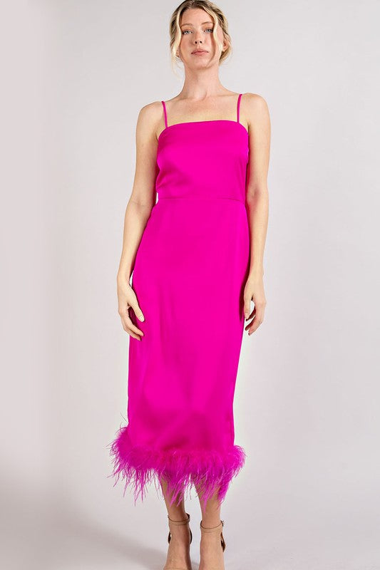 Feather Detailed Slit Midi Dress - Hot Pink-Dress- Hometown Style HTS, women's in store and online boutique located in Ingersoll, Ontario