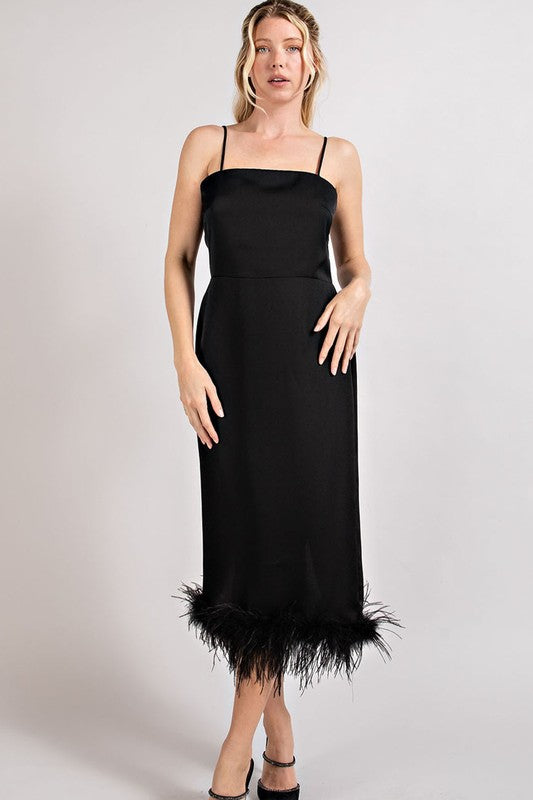 Feather Detailed Slit Midi Dress - Black-Dress- Hometown Style HTS, women's in store and online boutique located in Ingersoll, Ontario