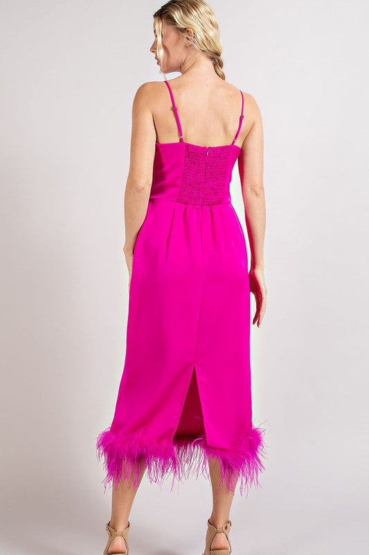 Feather Detailed Slit Midi Dress - Hot Pink-Dress- Hometown Style HTS, women's in store and online boutique located in Ingersoll, Ontario