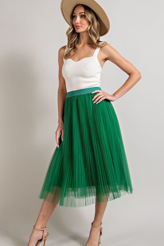 Mesh Pleated Midi Skirt - Kelly Green-Skirt- Hometown Style HTS, women's in store and online boutique located in Ingersoll, Ontario