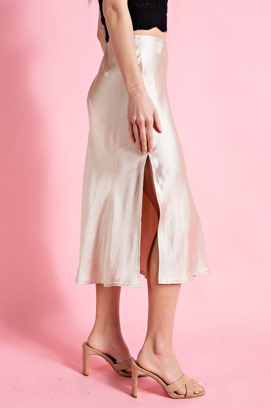 Satin Midi Skirt with Side Slit- Champagne-Skirt- Hometown Style HTS, women's in store and online boutique located in Ingersoll, Ontario
