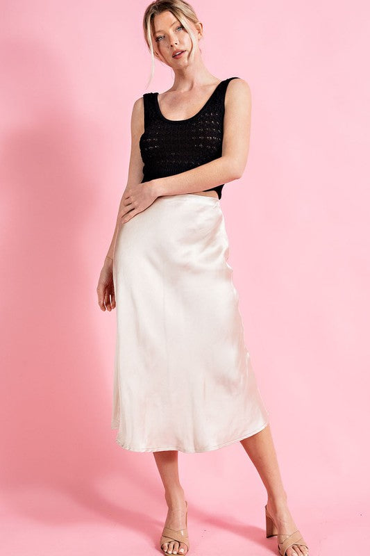 Satin Midi Skirt with Side Slit- Champagne-Skirt- Hometown Style HTS, women's in store and online boutique located in Ingersoll, Ontario